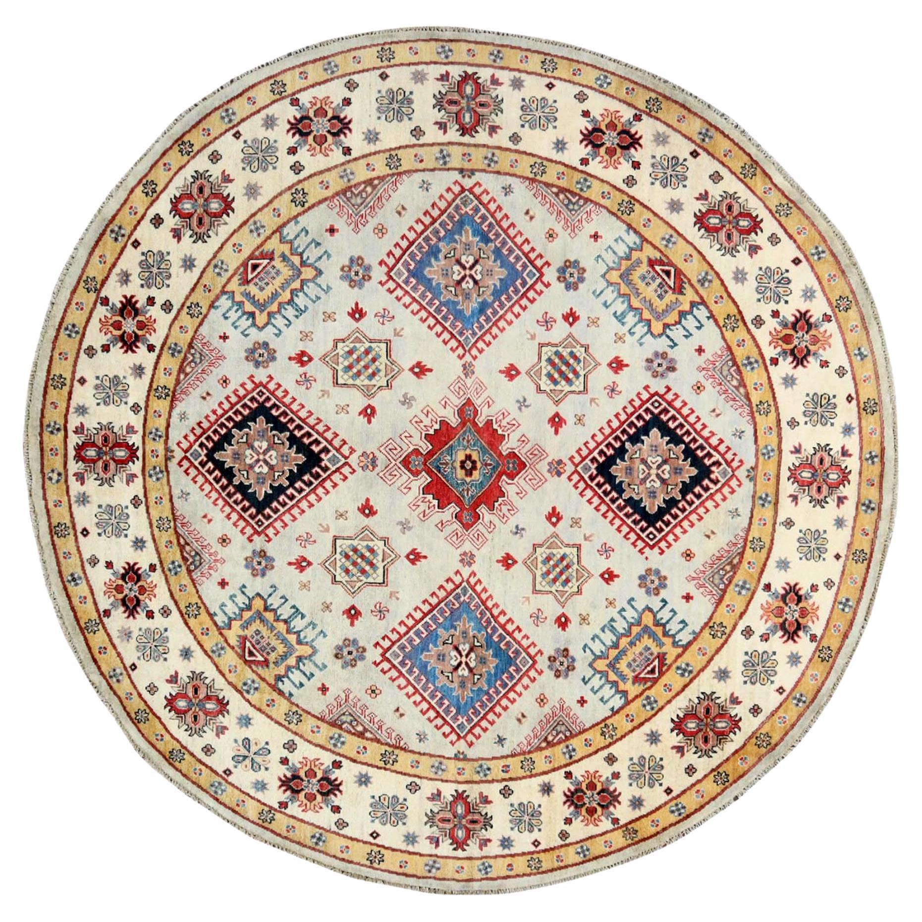 8'x8' Lana, Annodato a mano, Avorio, Afghano Speciale Kazak, Tappeto rotondo in vendita