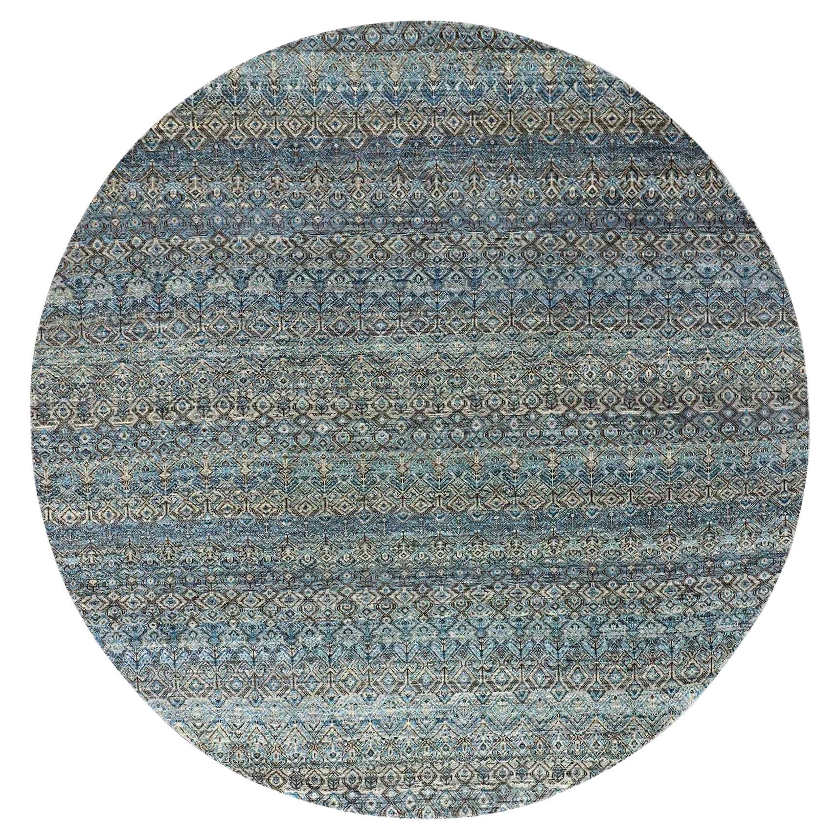 8'x8' Yale Blue Herat Small Repetitive Design Plush Wool Hand Knotsted Round Rug (Tapis rond en laine nouée à la main) en vente