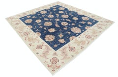 8x8.6 ft Hand Knotted Square Oushak Wool Area Rug. Navy Blue, Beige Carpet