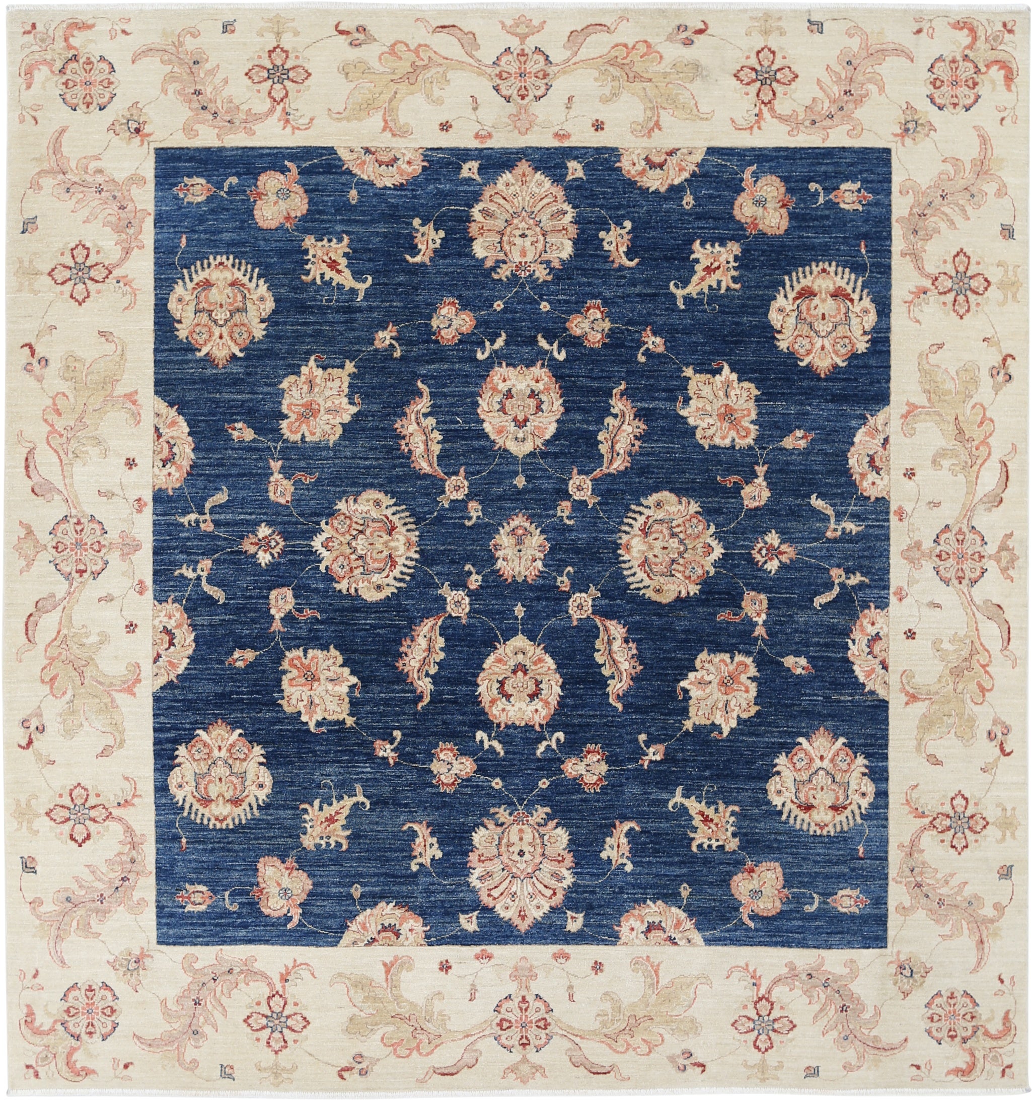 8x8.6 ft Hand Knotted Square Oushak Wool Area Rug. Navy Blue, Beige Carpet