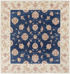 8x8.6 ft Hand Knotted Square Oushak Wool Area Rug. Navy Blue, Beige Carpet