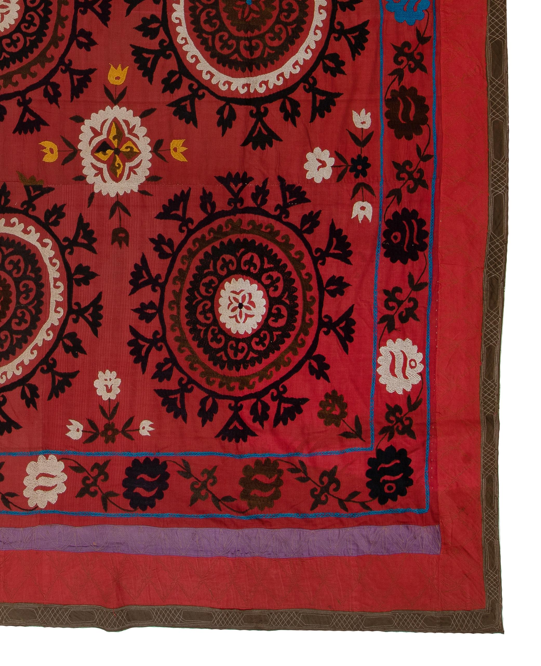 20th Century 8x8.7 Ft Decorative Uzbek Suzani Textile, Embroidered Cotton & Silk Bed Cover For Sale