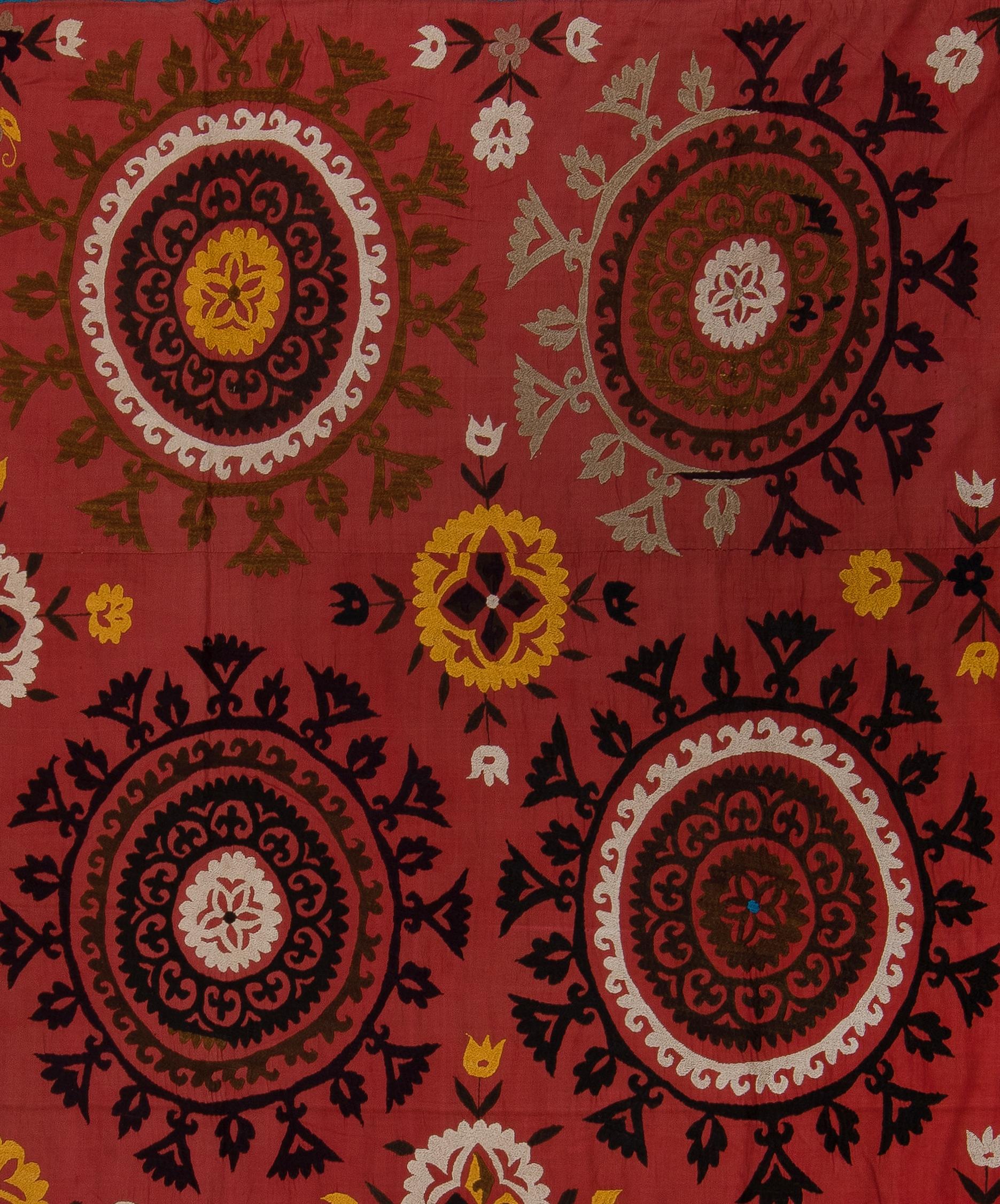 8x8.7 Ft Decorative Uzbek Suzani Textile, Embroidered Cotton & Silk Bed Cover For Sale 1