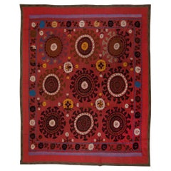 8x8.7 Ft Decorative Uzbek Suzani Textile, Embroidered Cotton & Silk Bed Cover