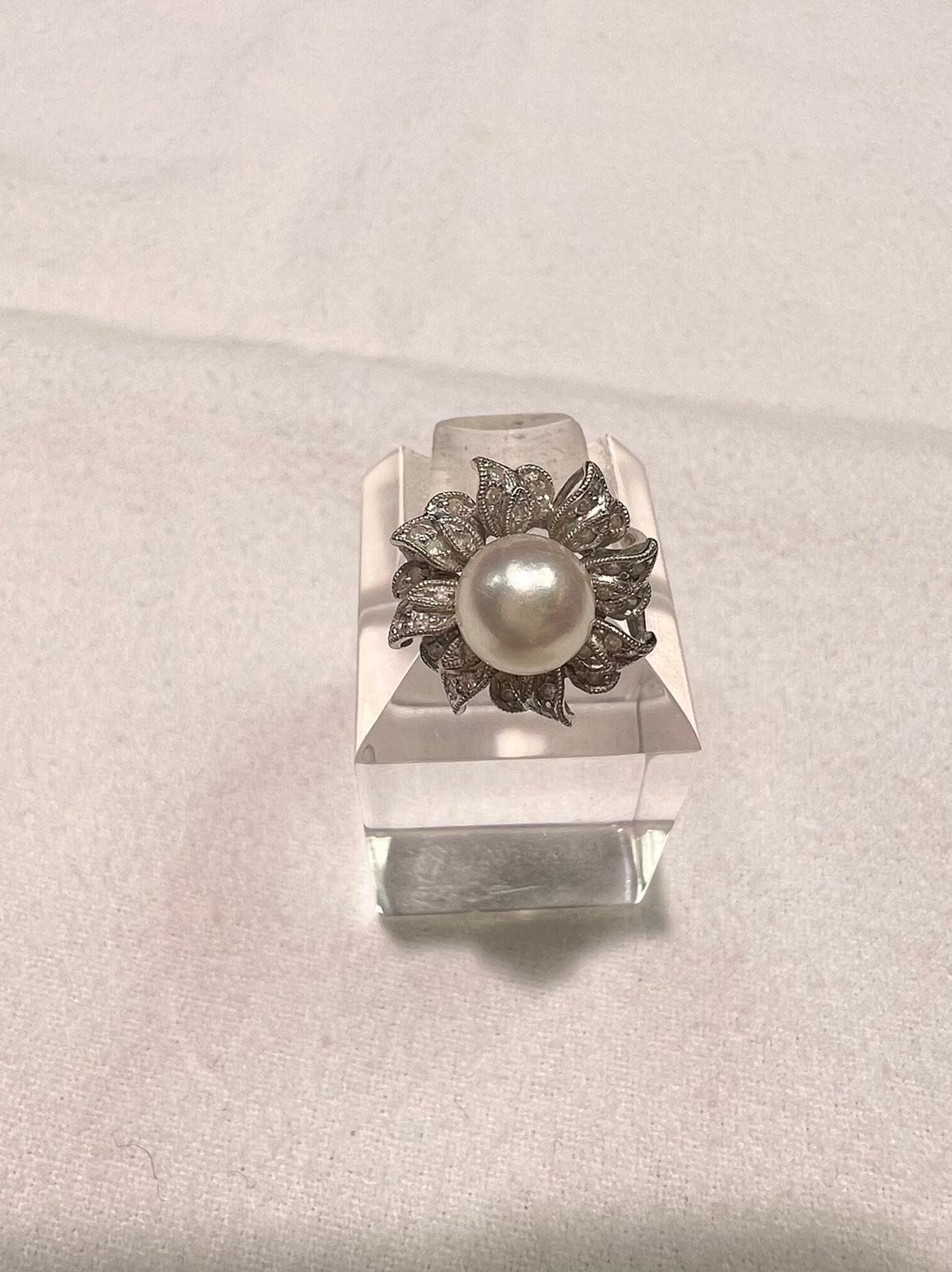 8X8mm Akoya pearl with 14k white gold ring with diamonds
