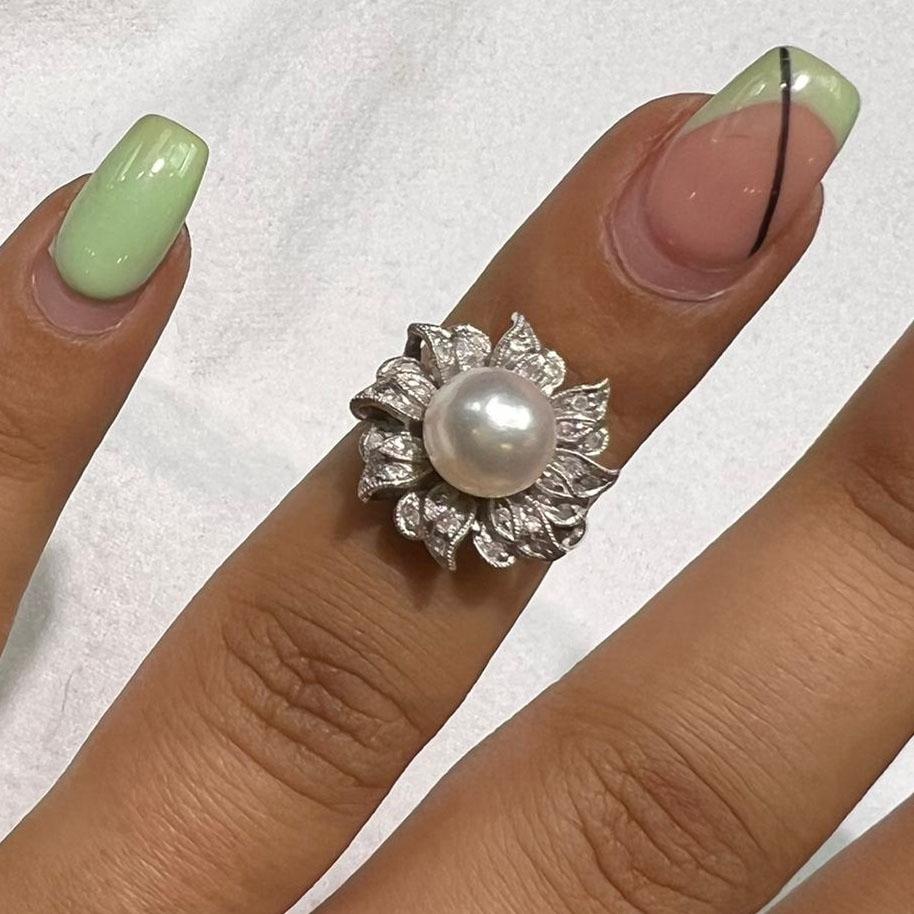 Akoya Pearl with 14k White Gold Ring with Diamonds For Sale 2