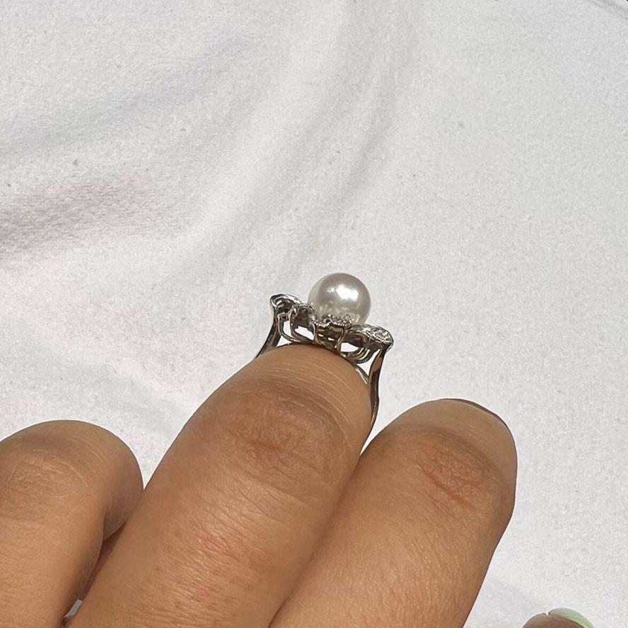 Akoya Pearl with 14k White Gold Ring with Diamonds For Sale 4