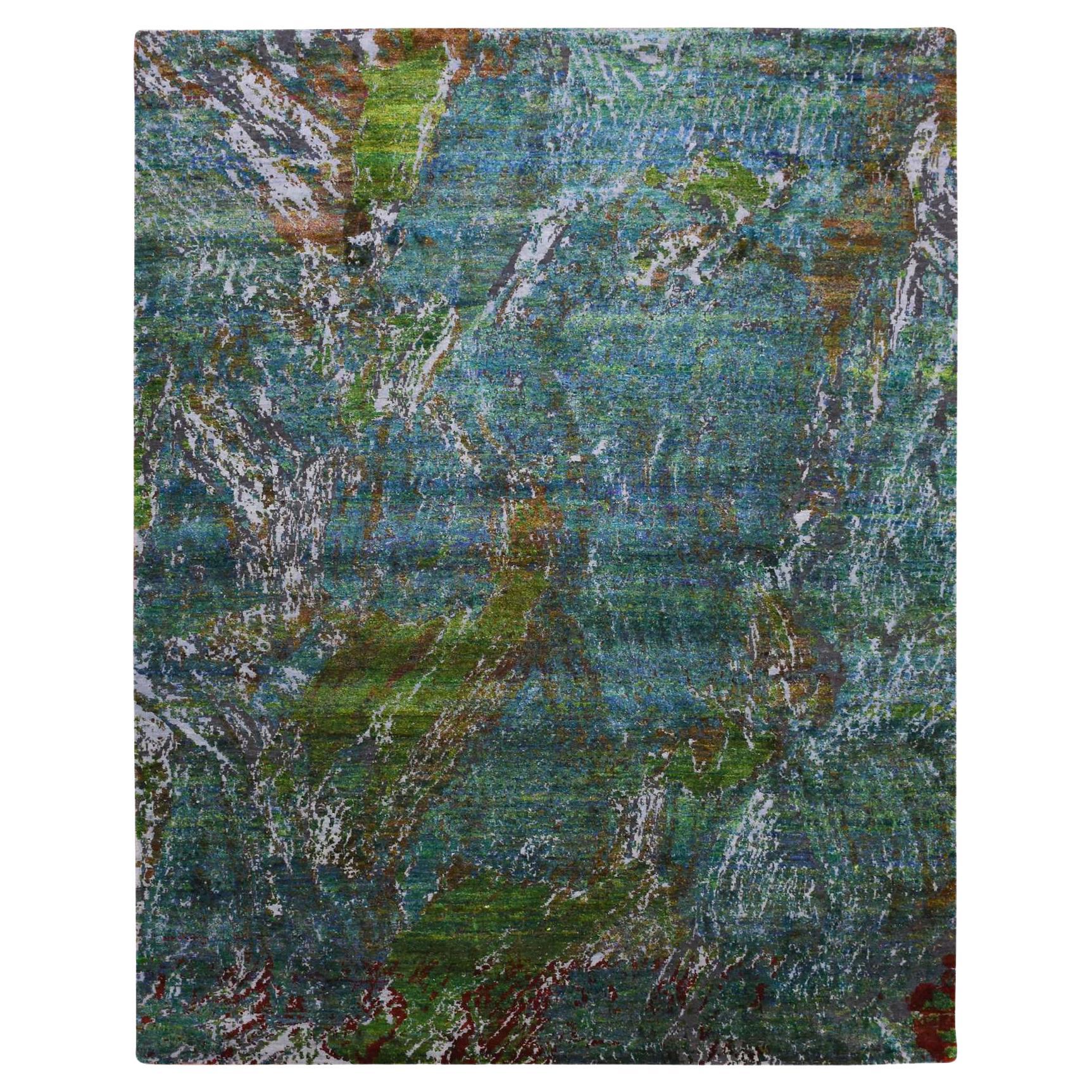 8'x9'10" Aqua Marine Oceanic Design Sari Silk & Textured Wool Rugs noués à la main en vente