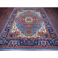 Alfombra Oriental de Lana Anudada a Mano 8'x9'10" Azul Serapi Heriz con Diseño Medallón