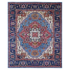 Alfombra Oriental de Lana Anudada a Mano 8'x9'10" Azul Serapi Heriz con Diseño Medallón