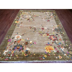 8'x9'10" Brown Chinese Art Deco Inspired Peshawar Hand Knotted Soft Wool Rug
