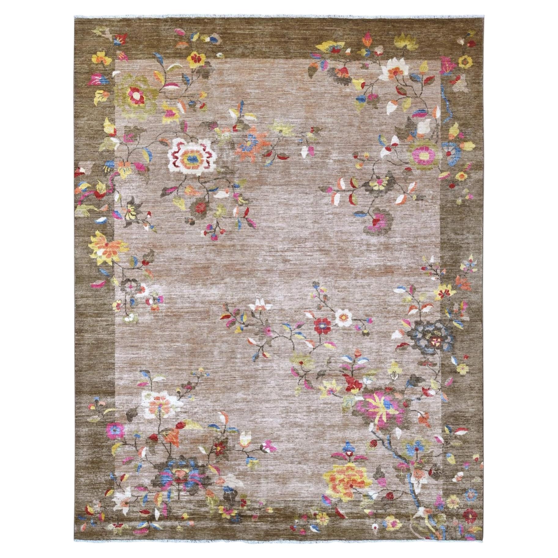 8'x9'10" Brown Chinese Art Deco Inspired Peshawar Hand Knots Rugs en laine douce