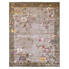 8'x9'10" Brown Chinese Art Deco Inspired Peshawar Hand Knotted Soft Wool Rug