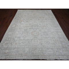 8'x9'10" Cloud Gray Afghan Angora Oushak Leaf Design Hand Knotted Pure Wool Rug