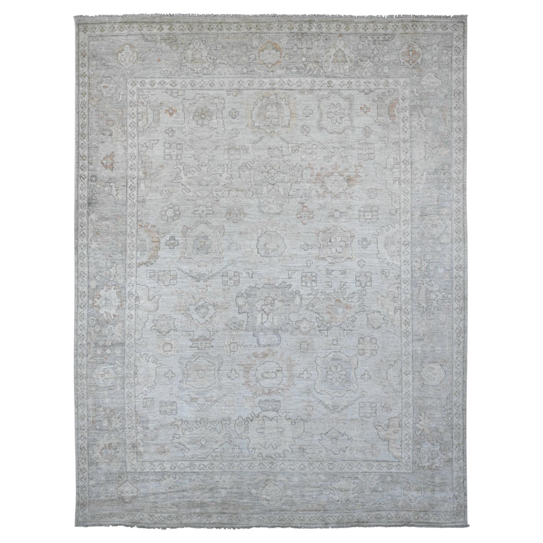 8
x9
10" Cloud Gray Afghan Angora Oushak Leaf Design Tapis en pure laine noué à la main