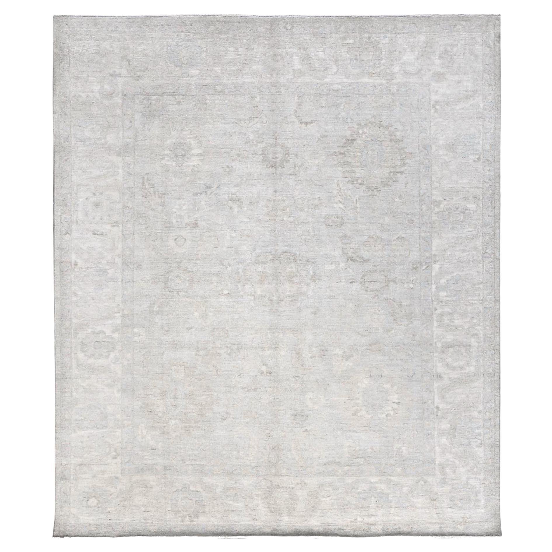 8'x9'10" Cloud Gray White Wash Peshawar Hand Knotted Pure Wool Oriental Rug