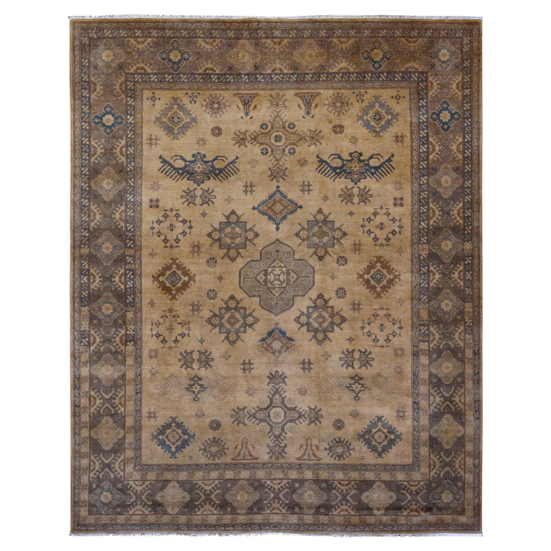 8'x9'10" Coffee Brown Tapis surteint à motifs géométriques Kazak en laine nouée à la main