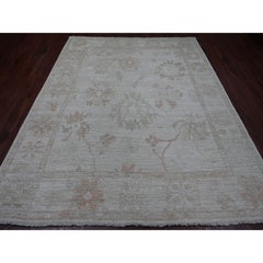 8'x9'10" Grigio Afghan Angora Oushak Leaf Design/One Tappeto Orientale in Lana Annodato a Mano