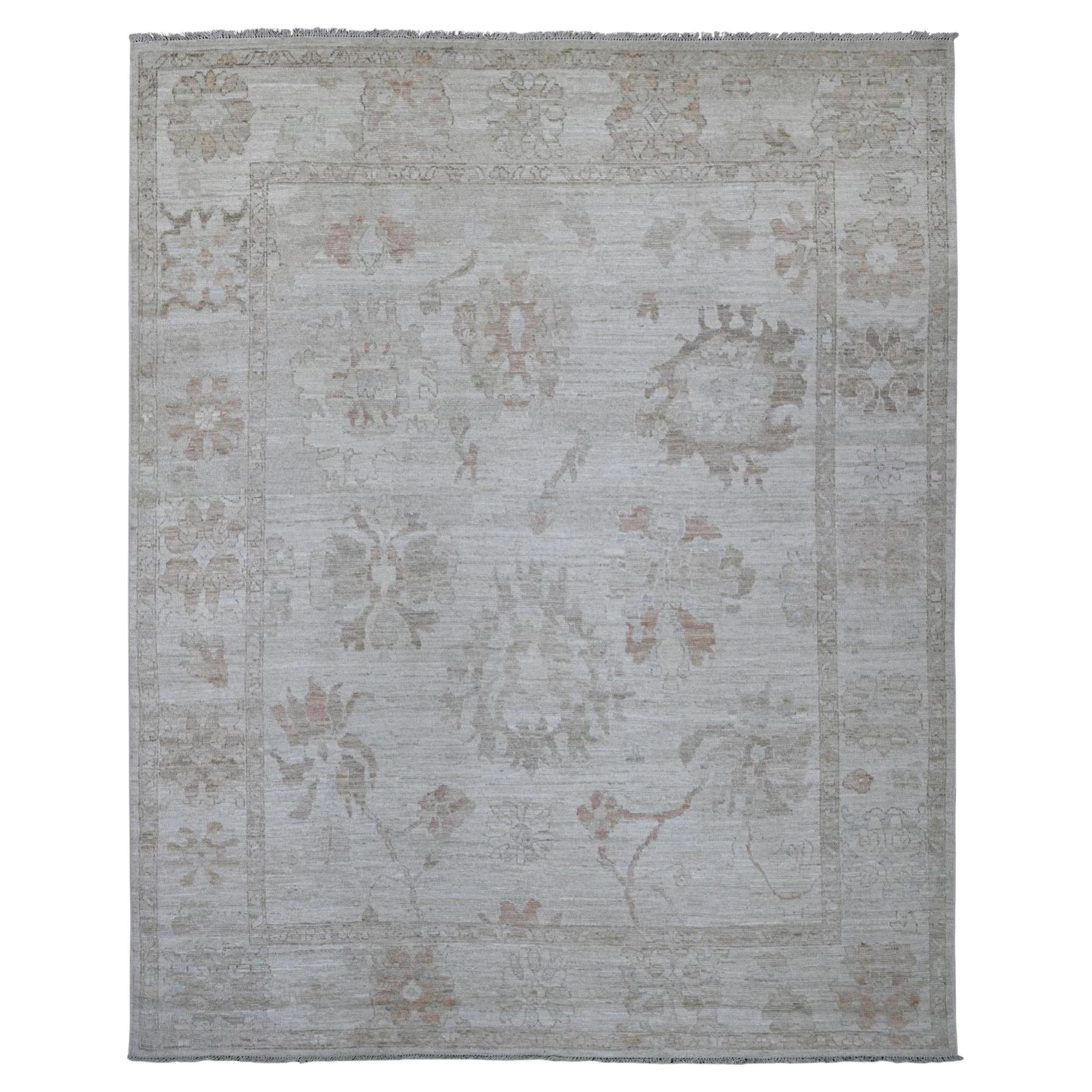 8'x9'10" Gray Afghan Angora Oushak Leaf Design Hand Knotted Wool Oriental Rug For Sale