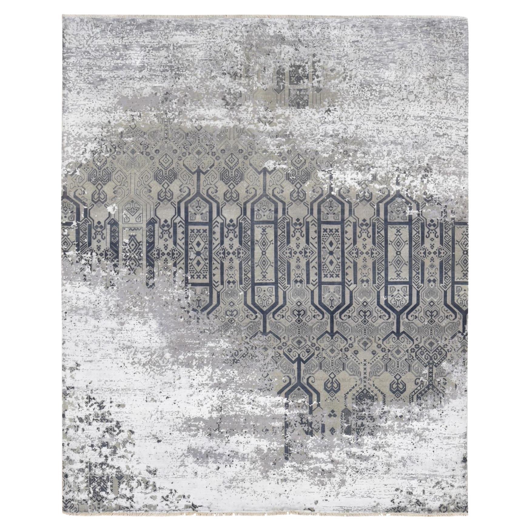 8'x9'10" Grau, gebrochene und gelöschte Design, Kunst Wolle und Seide Hand geknüpft Teppich
