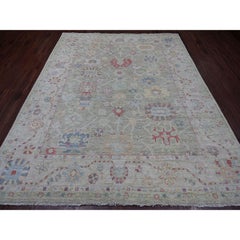 8'x9'10" Green Hand Knotted Pure Wool Afghan Angora Oushak Oriental Rug