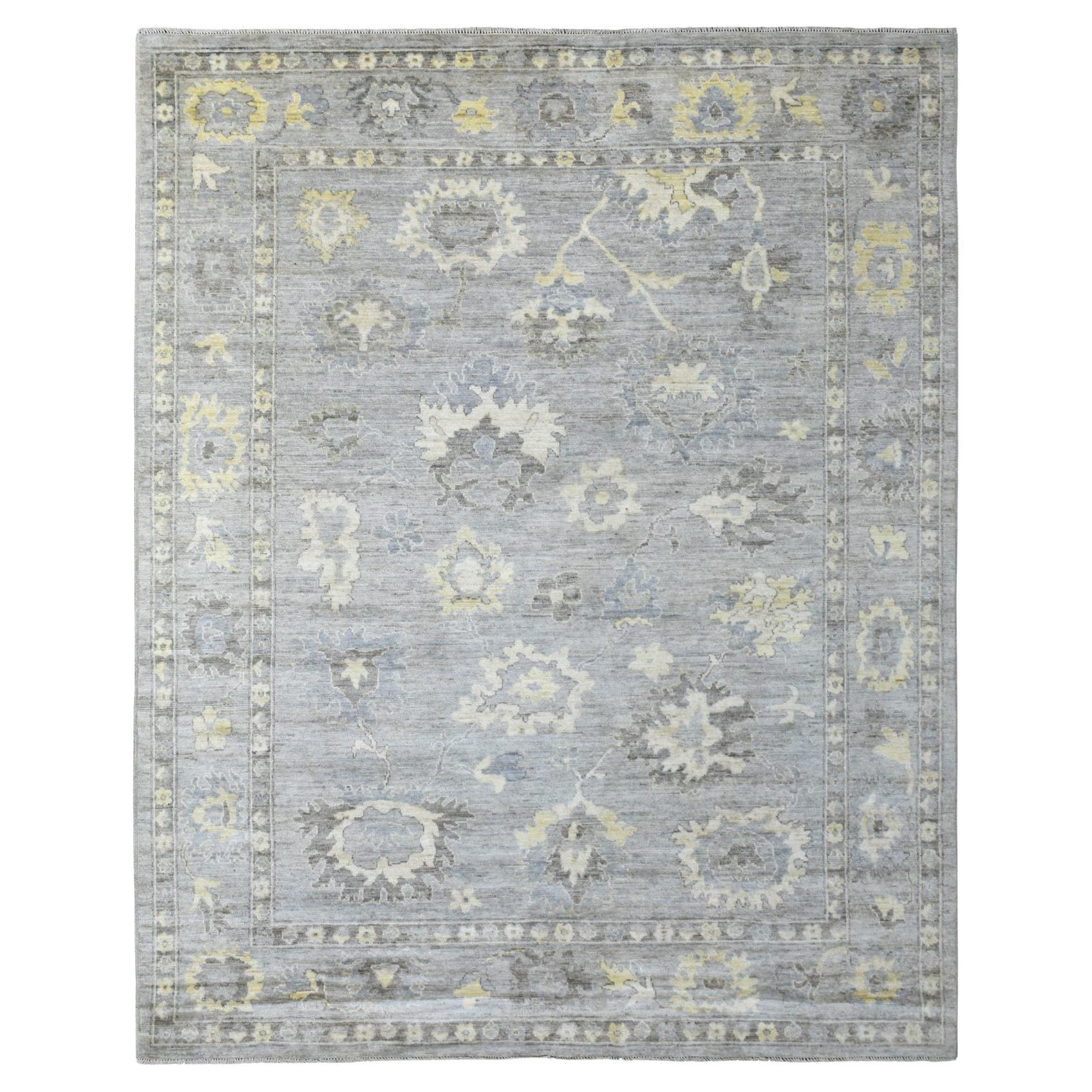 8'x9'10" Tapis d'Orient gris, noué à la main, Afghan Angora Ushak et laine douce