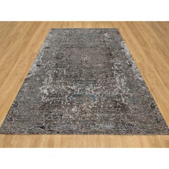 8'x9'10" Intense Gray Transitional Erased Silk with Wool Hand Knotted Rug
