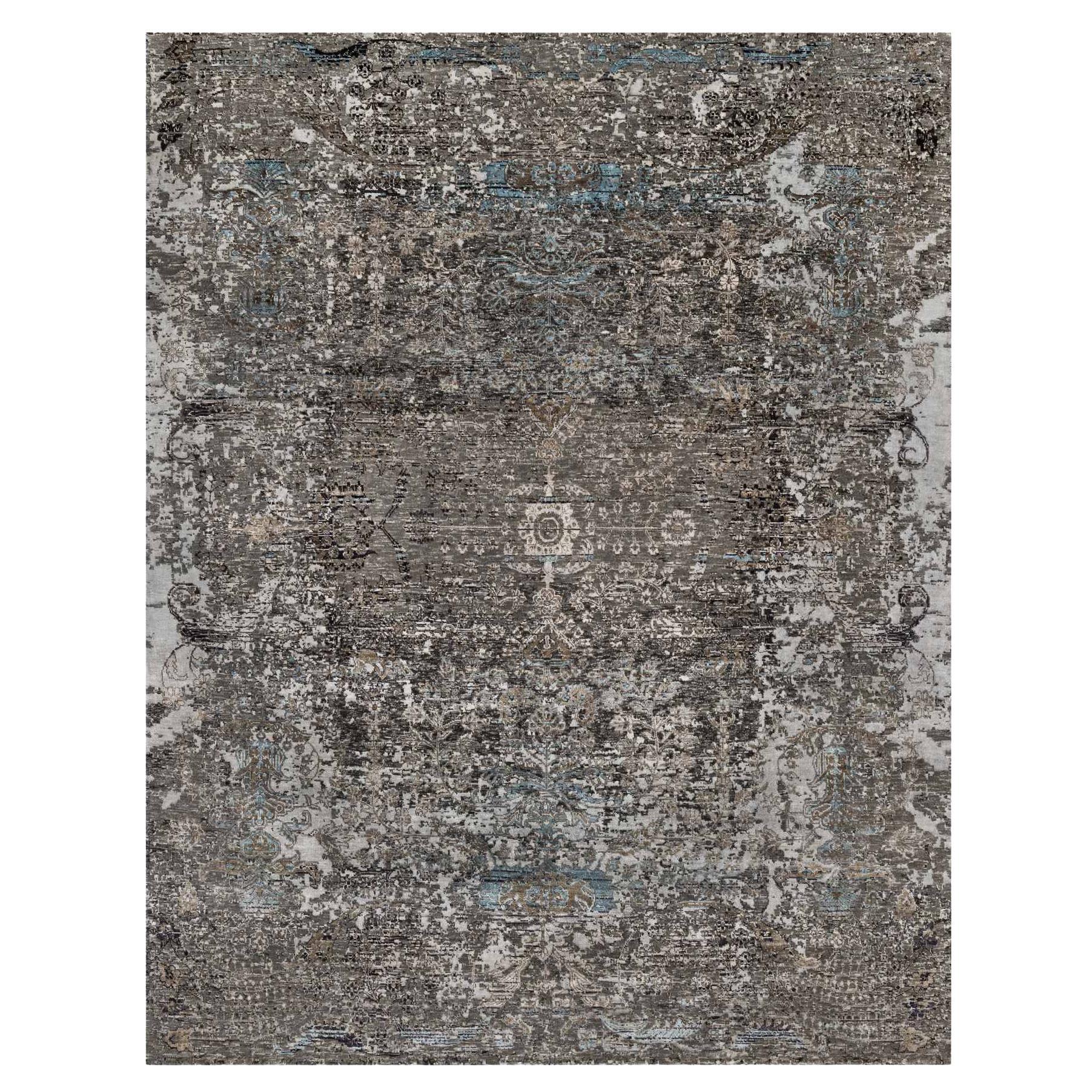 8'x9'10" Intense Gray Transitional Erased Silk with Wool Hand Knots Rugs
