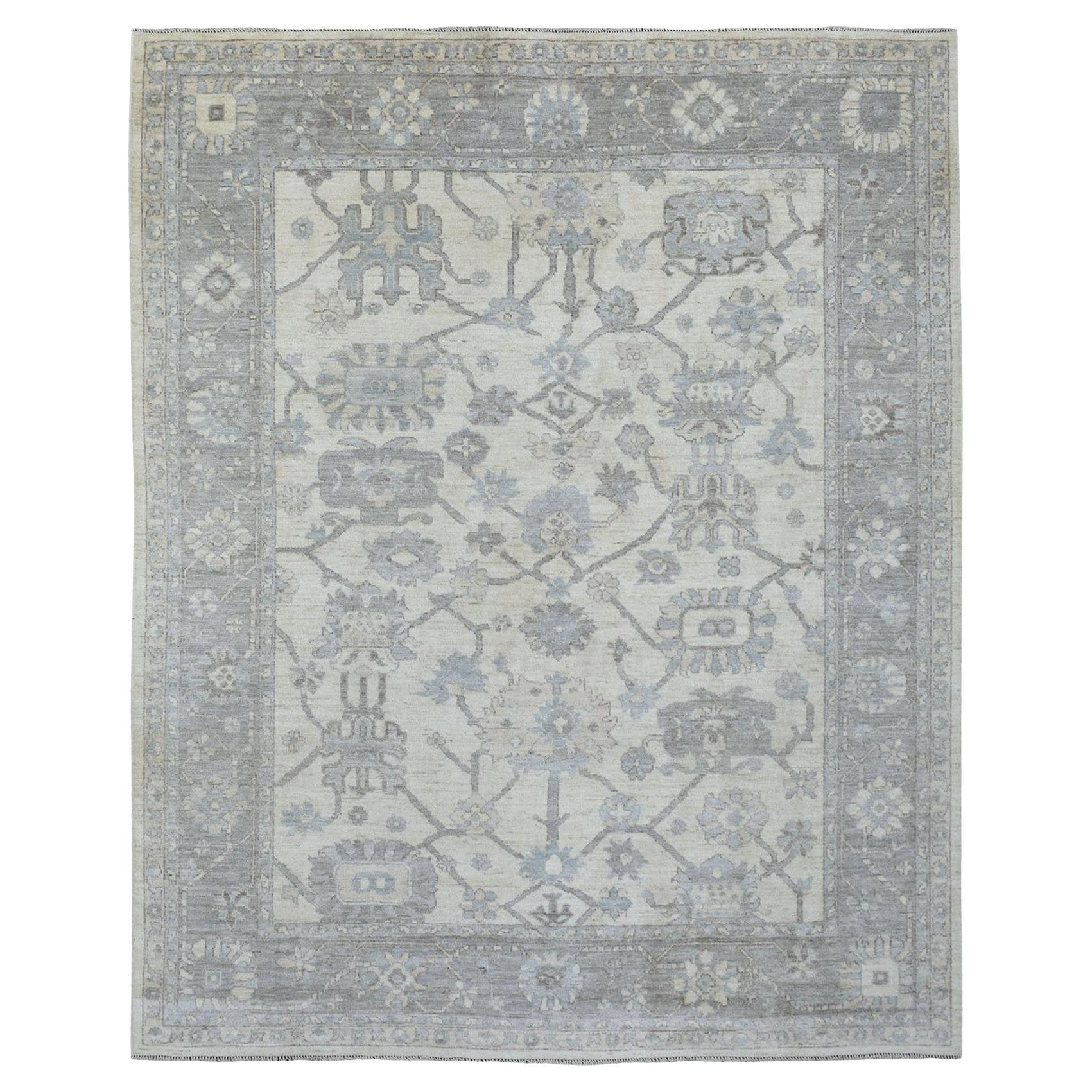 8'x9'10" Ivory Angora Oushak with Flowing and Open Design Hand Knotted Wool Rug For Sale