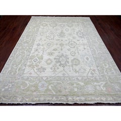 8'x9'10" Ivory Hand Knotted Angora Oushak Leaf Design Pure Wool Oriental Rug