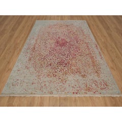 8'x9'10" Ivory with Pink Hand Knotted Erased Medallion Design Wool & Silk Rug
