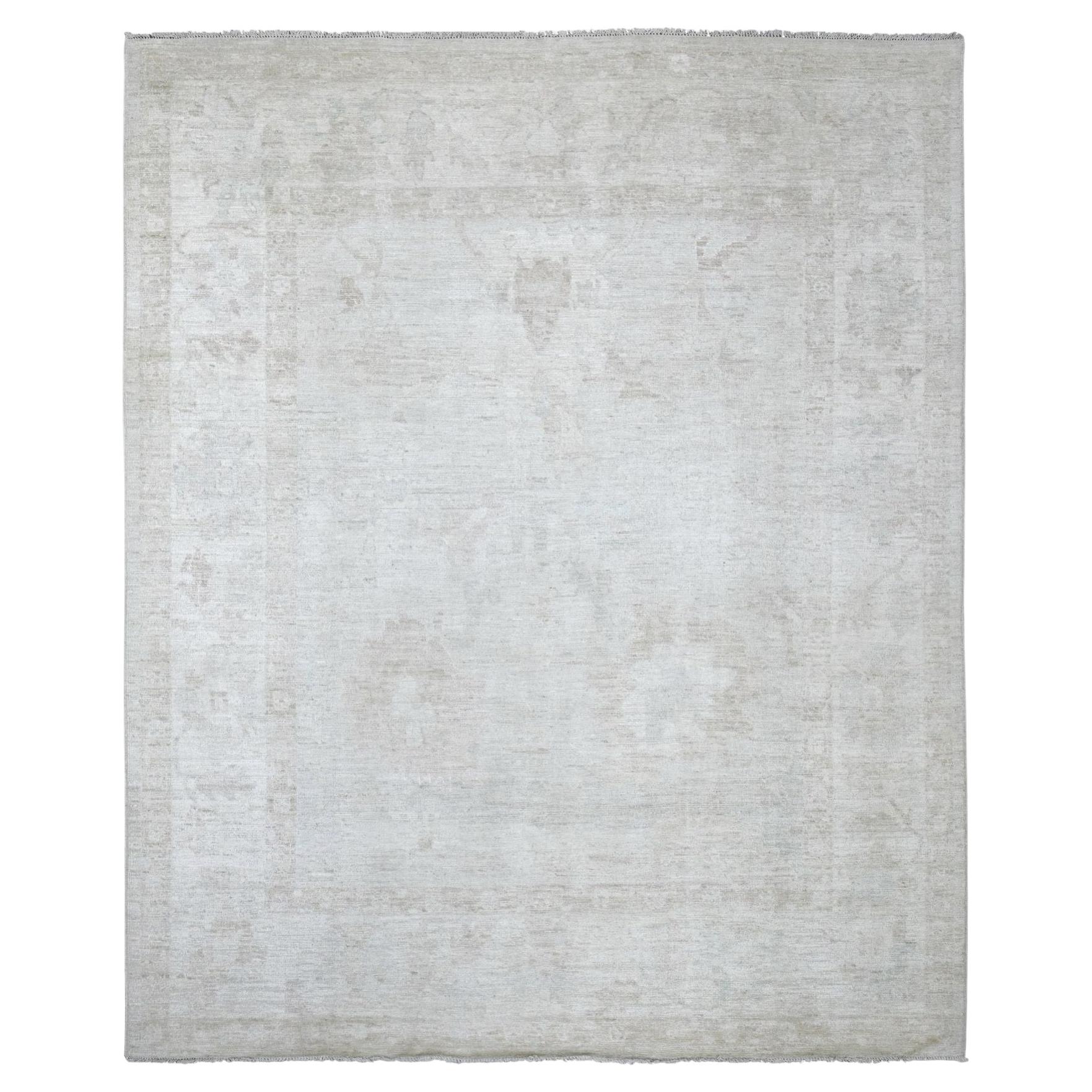8'x9'10" Light Gray Afghan Angora Oushak Leaf Design Hand Knotted Pure Wool Rug For Sale