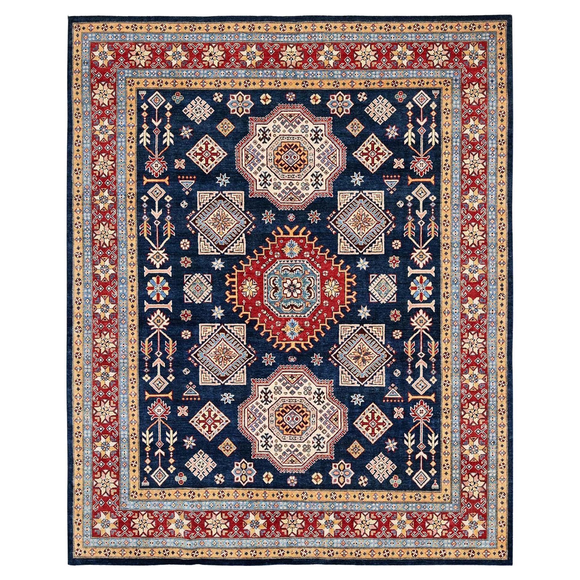8'x9'10" Navy Afghan Special Kazak Geometric Design Annodato a Mano in Pura Lana Rugs in vendita