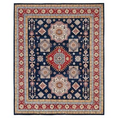 8'x9'10" Navy Afghan Special Kazak Geometric Design Annodato a Mano in Pura Lana Rugs
