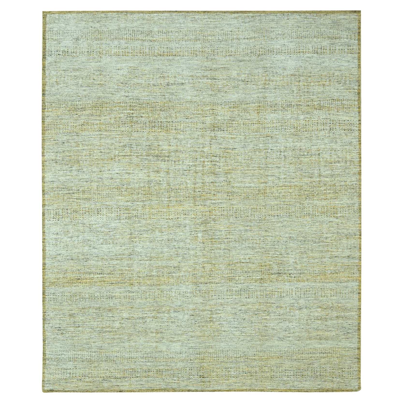 8'x9'10" Yellow Oxidized and Distressed Grass Design Hand Knotted Pure Wool Rug