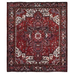 8'x9'2" Red Vintage Persian Heriz with Medallion Design Hand Knotted Wool Rug