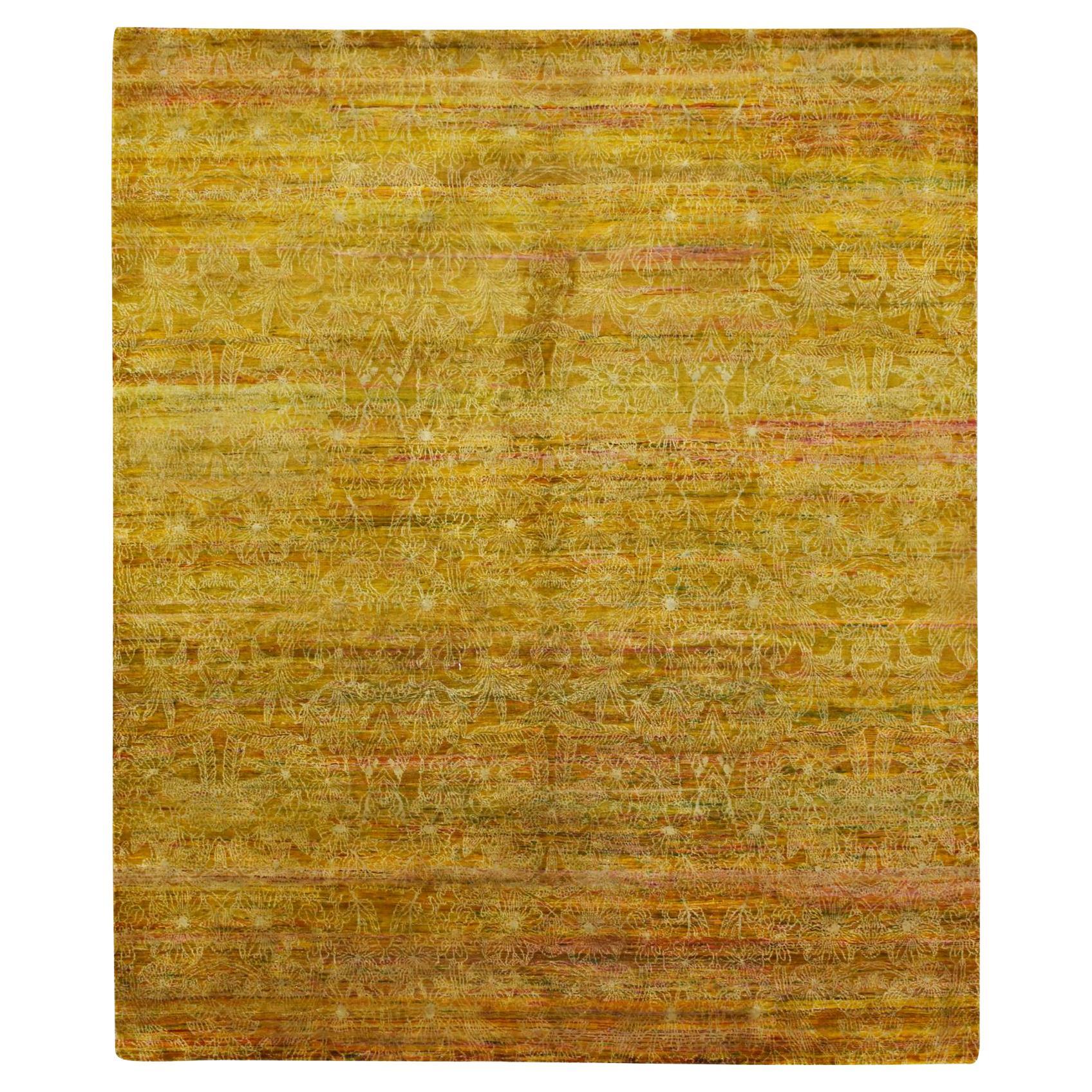 8'x9'3" Golden Brown with Green Modern Design Sari Silk Hand Knotsted Rugs (tapis en soie nouée à la main)