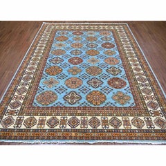 8'x9'4" Blue Afghan Super Kazak Medallions Design Tappeto in lana morbida annodato a mano