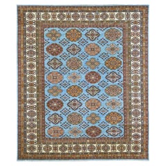 8'x9'4" Blue Afghan Super Kazak Medallions Design Tappeto in lana morbida annodato a mano