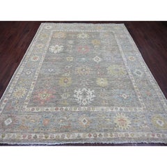8'x9'4" Faded Brown Hand Knotted Angora Oushak Leaf Design Wool Oriental Rug