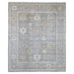 8'x9'4" Faded Brown Hand Knotted Angora Oushak Leaf Design Wool Oriental Rug