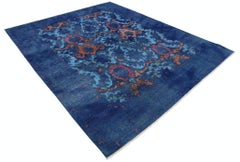 8x9.4 ft Handmade Navy Blue, Turquoise & Rust Rug. Damask Floral Design Carpet