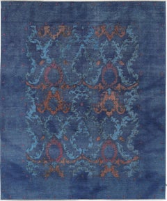 8x9.4 ft Handmade Navy Blue, Turquoise & Rust Rug. Damask Floral Design Carpet