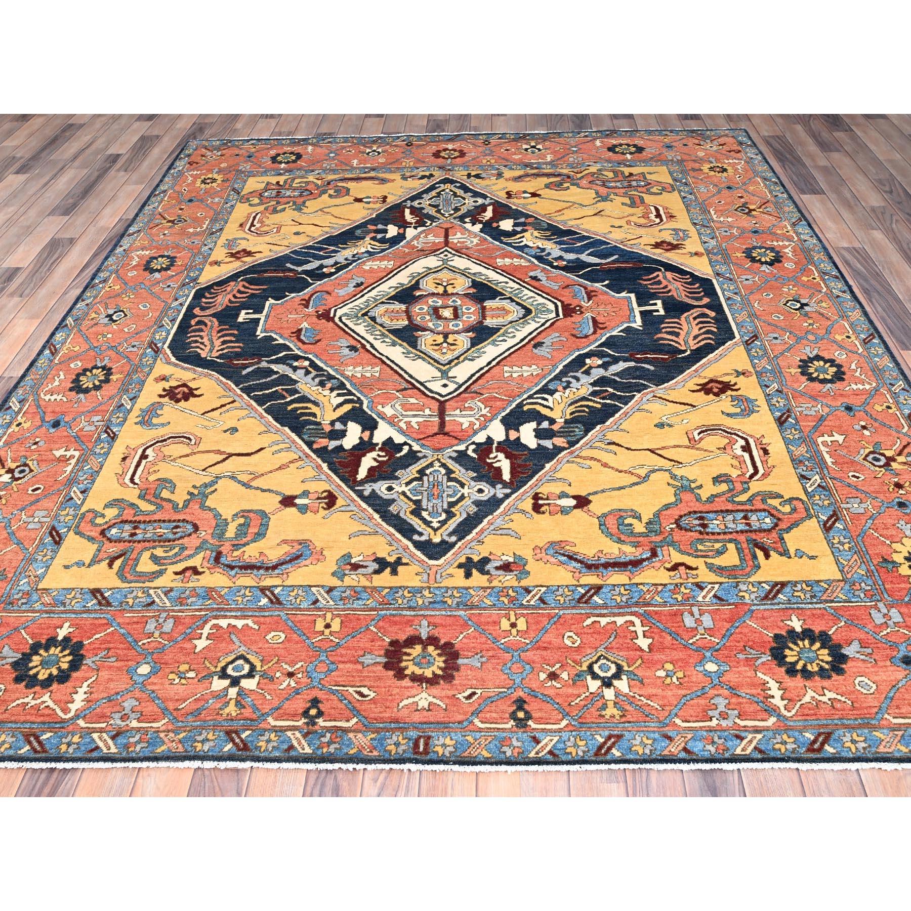 Midnight Blue, Vegetable Dyes, Pure Wool, Afghan Peshawar with Serapi Heriz Design, Dense Weave, Hand Knotted, Oriental Rug
Primary materials: Wool
Latex: No Pile 
height: 0.25 Inches
Style: Traditional
Primary color: Blue
Secondary colors: Blur,