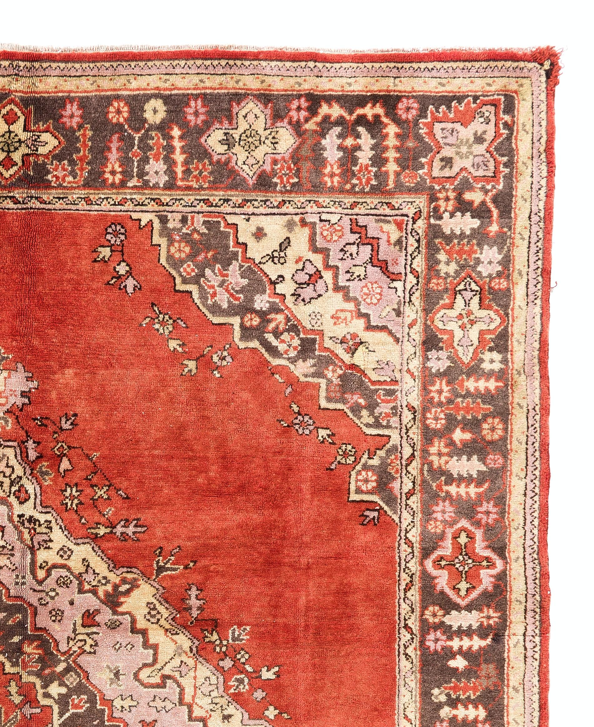 8x9,5 Ft antiker türkischer Oushak-Teppich, seltene Größe, 100 % Wolle, um 1920 (Türkisch) im Angebot