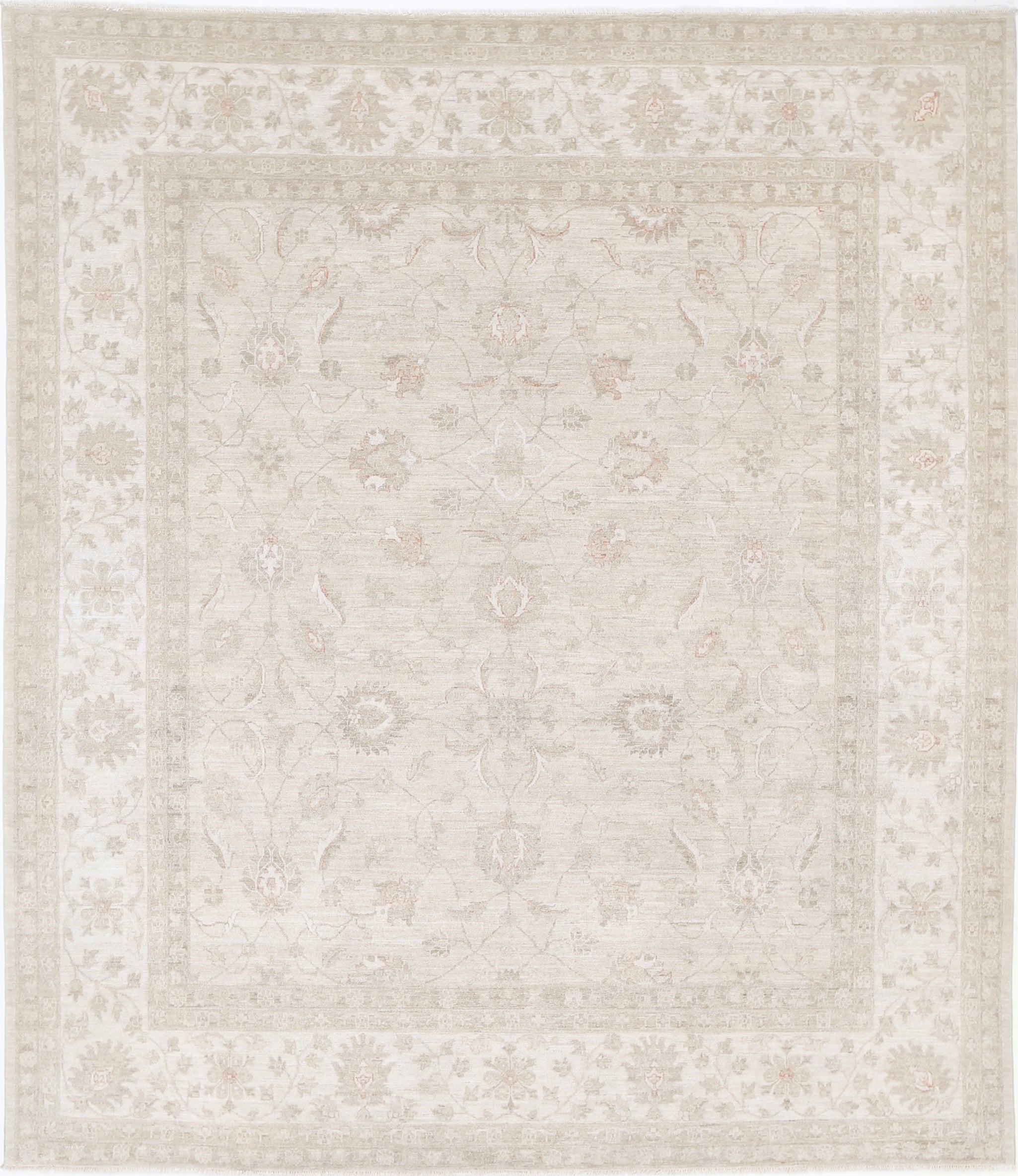 8x9.5 ft Hand Knotted Beige Turkish Large Area Rug. Floral Motif Wool Carpet