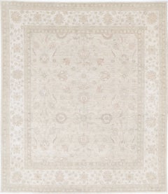 8x9.5 ft Hand Knotted Beige Turkish Large Area Rug. Floral Motif Wool Carpet