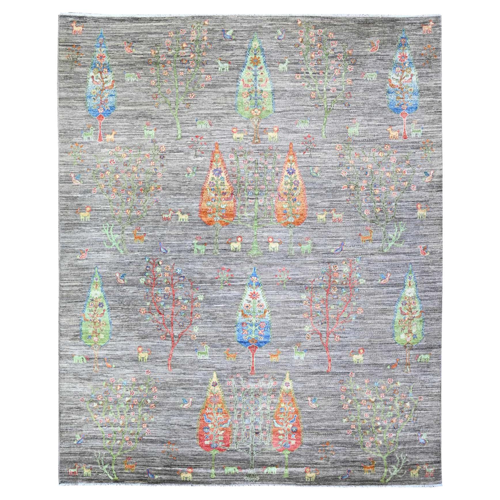 8'x9'5" Wolf Gray Folk Art Willow Cypress Tree Design Wool Hand Knotted Rug
