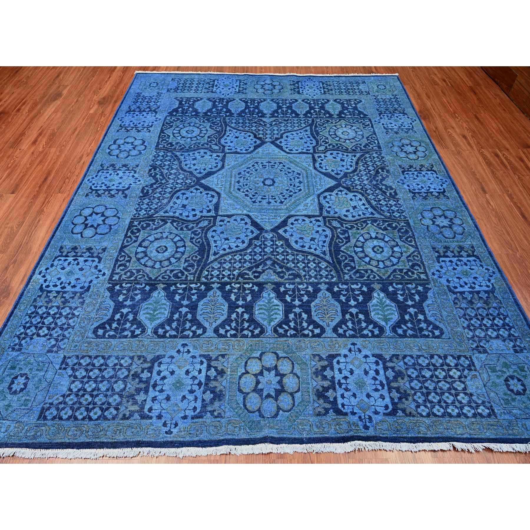 Bayern Blue, Zero Pile, Peshawar with Mamluk Design, Distressed, 100% Wool, Hand Knotted, Oriental Rug
Primary materials: Wool
Latex: No Pile 
height: 0.25 Inches
Style: Transitional
Primary color: Blue
Secondary colors: Brown
Pattern: Oriental