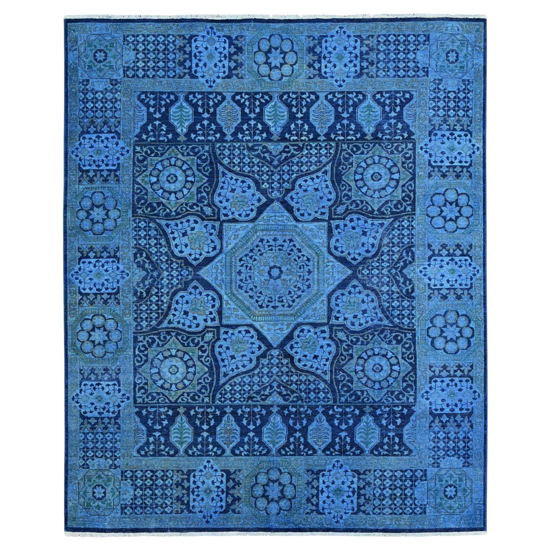 8
x9
6" Blue Zero Pile Peshawar with Mamluk Design Hand Knotted Pure Wool Rug For Sale